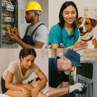 Local business collage showing electrician, vet, massage, and HVAC professionals
